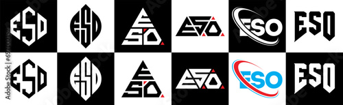 ESO letter logo design in six style. ESO polygon, circle, triangle, hexagon, flat and simple style with black and white color variation letter logo set in one artboard. ESO minimalist and classic logo