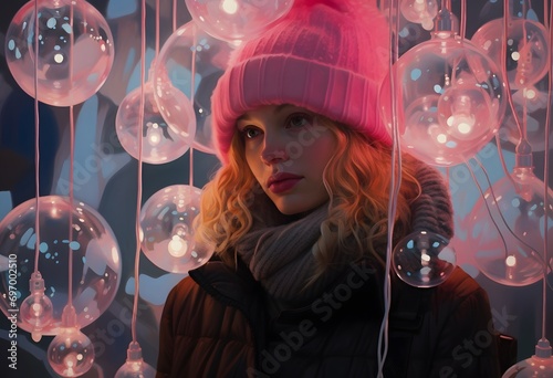 girl in black standing in front of string lights