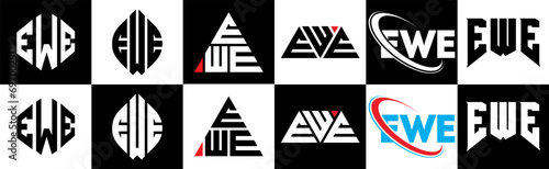EWE letter logo design in six style. EWE polygon, circle, triangle, hexagon, flat and simple style with black and white color variation letter logo set in one artboard. EWE minimalist and classic logo
