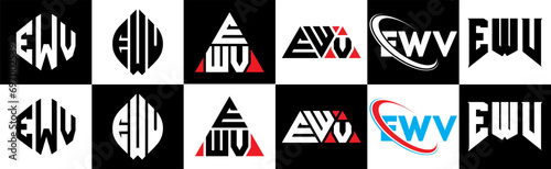 EWV letter logo design in six style. EWV polygon, circle, triangle, hexagon, flat and simple style with black and white color variation letter logo set in one artboard. EWV minimalist and classic logo