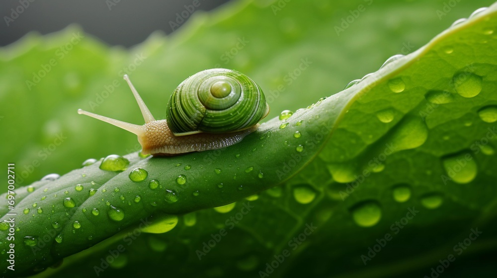 Snail Traversing a Leaf with Fresh Raindrops Snail Traversing a Leaf with Fresh Raindrops