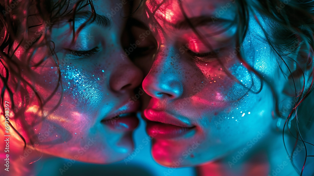 Two women in love - LGBT, neon light, lesbian couple kissing