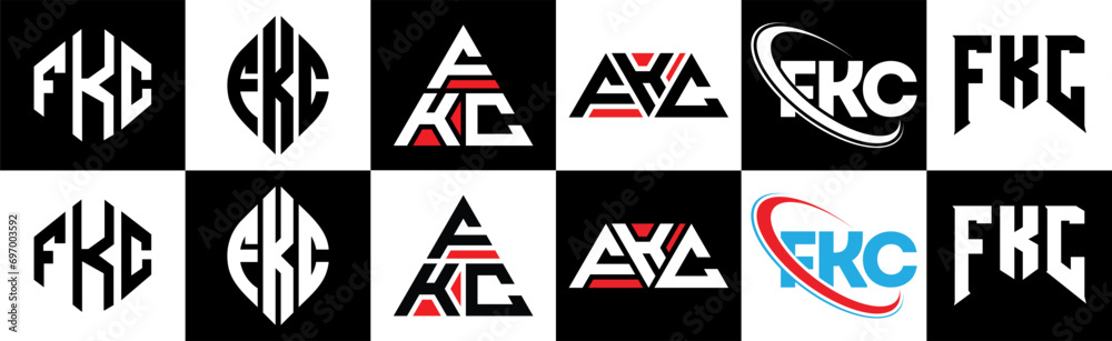 Obraz premium FKC letter logo design in six style. FKC polygon, circle, triangle, hexagon, flat and simple style with black and white color variation letter logo set in one artboard. FKC minimalist and classic logo