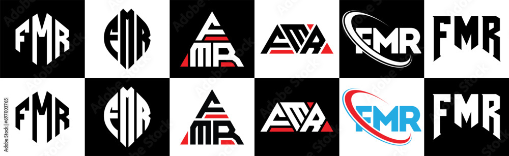 FMR letter logo design in six style. FMR polygon, circle, triangle, hexagon, flat and simple style with black and white color variation letter logo set in one artboard. FMR minimalist and classic logo FMR letter logo design in six style. FMR polygon, circle, triangle, hexagon, flat and simple style with black and white color variation letter logo set in one artboard. FMR minimalist and classic logo