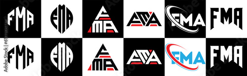 FMA letter logo design in six style. FMA polygon, circle, triangle, hexagon, flat and simple style with black and white color variation letter logo set in one artboard. FMA minimalist and classic logo photo