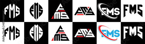 FMS letter logo design in six style. FMS polygon, circle, triangle, hexagon, flat and simple style with black and white color variation letter logo set in one artboard. FMS minimalist and classic logo