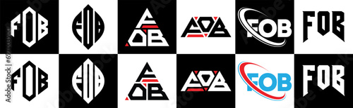 FOB letter logo design in six style. FOB polygon, circle, triangle, hexagon, flat and simple style with black and white color variation letter logo set in one artboard. FOB minimalist and classic logo