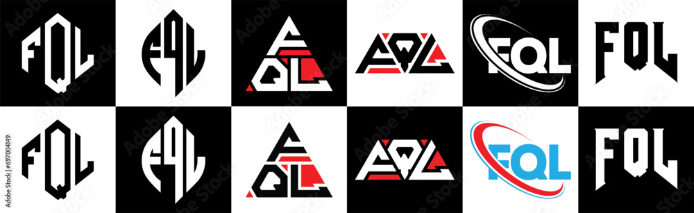 FQL letter logo design in six style. FQL polygon, circle, triangle, hexagon, flat and simple style with black and white color variation letter logo set in one artboard. FQL minimalist and classic logo FQL letter logo design in six style. FQL polygon, circle, triangle, hexagon, flat and simple style with black and white color variation letter logo set in one artboard. FQL minimalist and classic logo