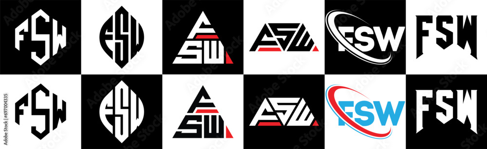 FSW letter logo design in six style. FSW polygon, circle, triangle, hexagon, flat and simple style with black and white color variation letter logo set in one artboard. FSW minimalist and classic logo