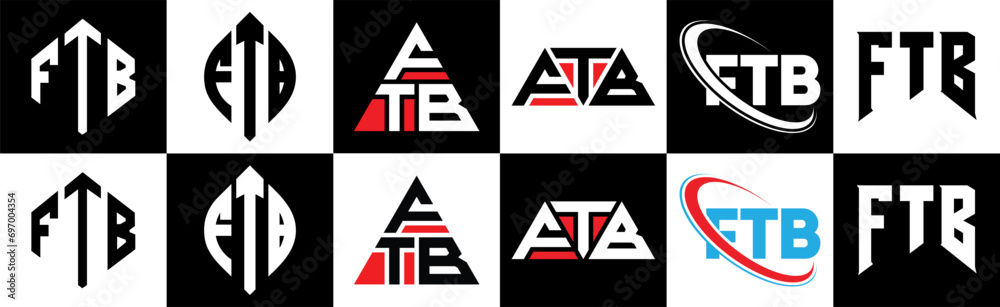FTB letter logo design in six style. FTB polygon, circle, triangle, hexagon, flat and simple style with black and white color variation letter logo set in one artboard. FTB minimalist and classic logo FTB letter logo design in six style. FTB polygon, circle, triangle, hexagon, flat and simple style with black and white color variation letter logo set in one artboard. FTB minimalist and classic logo