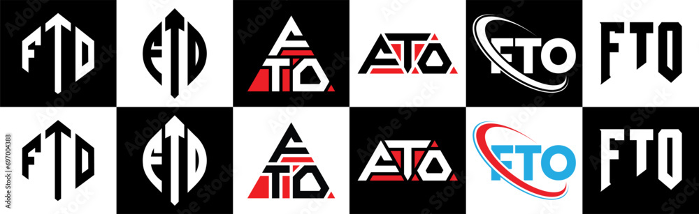 FTO letter logo design in six style. FTO polygon, circle, triangle, hexagon, flat and simple style with black and white color variation letter logo set in one artboard. FTO minimalist and classic logo FTO letter logo design in six style. FTO polygon, circle, triangle, hexagon, flat and simple style with black and white color variation letter logo set in one artboard. FTO minimalist and classic logo