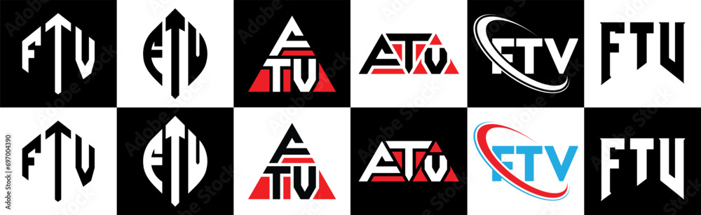 FTV letter logo design in six style. FTV polygon, circle, triangle, hexagon, flat and simple style with black and white color variation letter logo set in one artboard. FTV minimalist and classic logo FTV letter logo design in six style. FTV polygon, circle, triangle, hexagon, flat and simple style with black and white color variation letter logo set in one artboard. FTV minimalist and classic logo