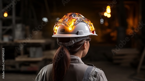 A female head in a white protective helmet, the helmet in the image of molten metal.
