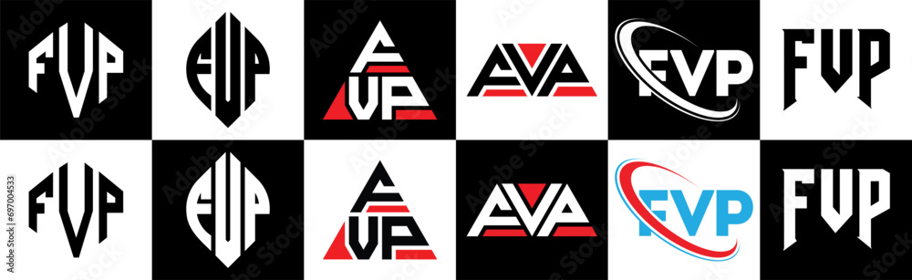 FVP letter logo design in six style. FVP polygon, circle, triangle, hexagon, flat and simple style with black and white color variation letter logo set in one artboard. FVP minimalist and classic logo FVP letter logo design in six style. FVP polygon, circle, triangle, hexagon, flat and simple style with black and white color variation letter logo set in one artboard. FVP minimalist and classic logo