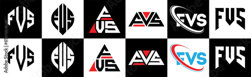 FVS letter logo design in six style. FVS polygon, circle, triangle, hexagon, flat and simple style with black and white color variation letter logo set in one artboard. FVS minimalist and classic logo
