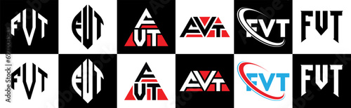 FVT letter logo design in six style. FVT polygon, circle, triangle, hexagon, flat and simple style with black and white color variation letter logo set in one artboard. FVT minimalist and classic logo