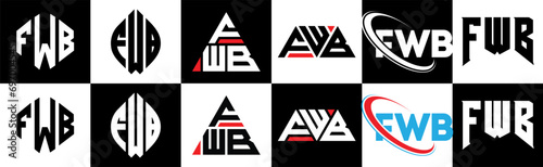 FWB letter logo design in six style. FWB polygon, circle, triangle, hexagon, flat and simple style with black and white color variation letter logo set in one artboard. FWB minimalist and classic logo photo
