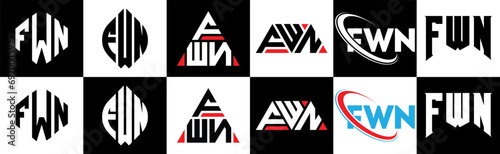 FWN letter logo design in six style. FWN polygon, circle, triangle, hexagon, flat and simple style with black and white color variation letter logo set in one artboard. FWN minimalist and classic logo