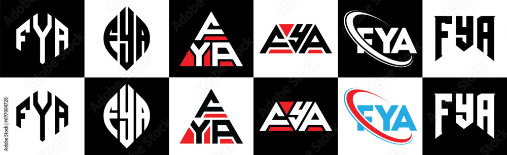 FYA letter logo design in six style. FYA polygon, circle, triangle, hexagon, flat and simple style with black and white color variation letter logo set in one artboard. FYA minimalist and classic logo FYA letter logo design in six style. FYA polygon, circle, triangle, hexagon, flat and simple style with black and white color variation letter logo set in one artboard. FYA minimalist and classic logo