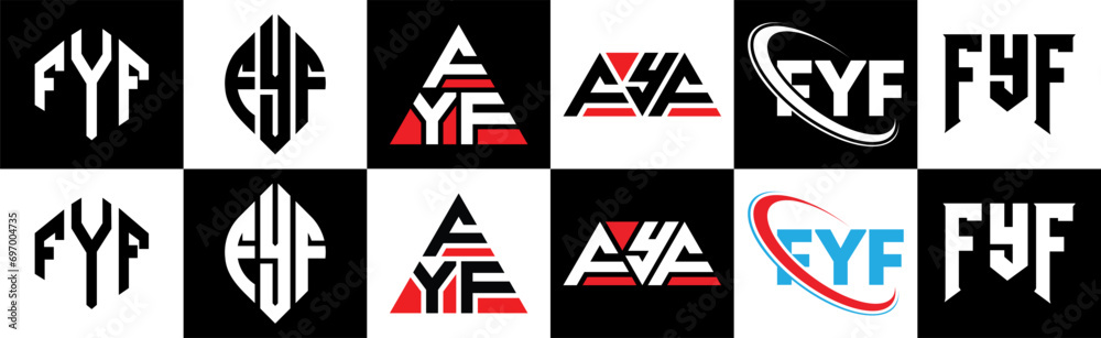 FYF letter logo design in six style. FYF polygon, circle, triangle, hexagon, flat and simple style with black and white color variation letter logo set in one artboard. FYF minimalist and classic logo FYF letter logo design in six style. FYF polygon, circle, triangle, hexagon, flat and simple style with black and white color variation letter logo set in one artboard. FYF minimalist and classic logo