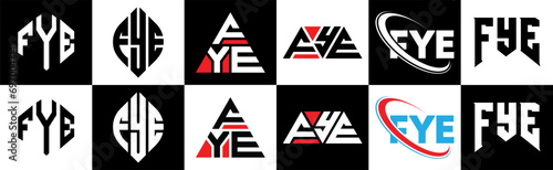 FYE letter logo design in six style. FYE polygon, circle, triangle, hexagon, flat and simple style with black and white color variation letter logo set in one artboard. FYE minimalist and classic logo photo