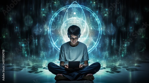 Child, boy uses a tablet computer. The image of digital technologies and artificial intelligence.