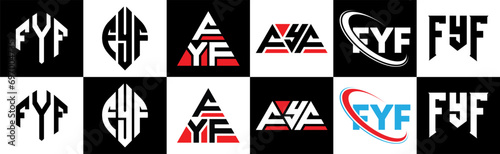 FYF letter logo design in six style. FYF polygon, circle, triangle, hexagon, flat and simple style with black and white color variation letter logo set in one artboard. FYF minimalist and classic logo