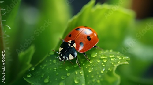 Droplets and Wings: A Ladybug's Morning Walk on a Dew-laden Leaf