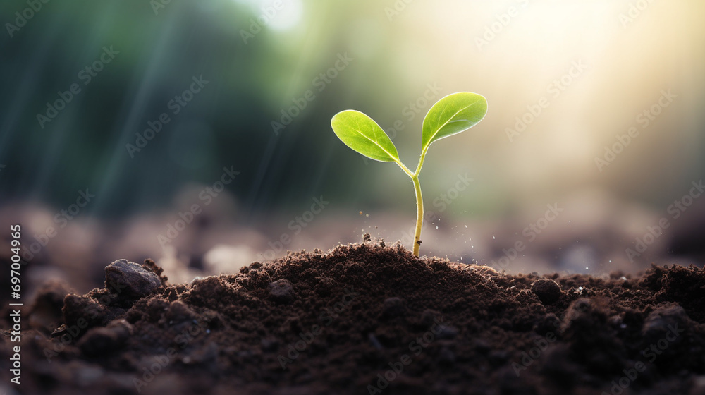 Fototapeta premium A green plant growing in good soil. Young sprouts, seedlings grow.Generative AI