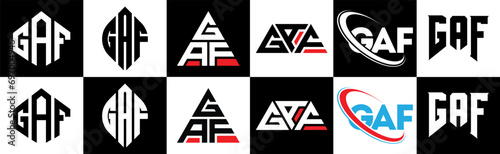 GAF letter logo design in six style. GAF polygon, circle, triangle, hexagon, flat and simple style with black and white color variation letter logo set in one artboard. GAF minimalist and classic logo
