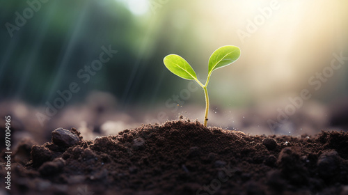 A green plant growing in good soil. Young sprouts, seedlings grow.Generative AI