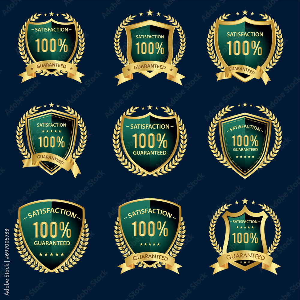 Satisfaction 100% Guaranteed badge, trust badge design, guarantee badge, golden badge