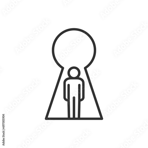 Finding the approach to a person, finding the key to a person, linear icon. The man in the keyhole. Line with editable stroke