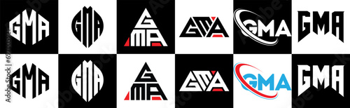 GMA letter logo design in six style. GMA polygon, circle, triangle, hexagon, flat and simple style with black and white color variation letter logo set in one artboard. GMA minimalist and classic logo