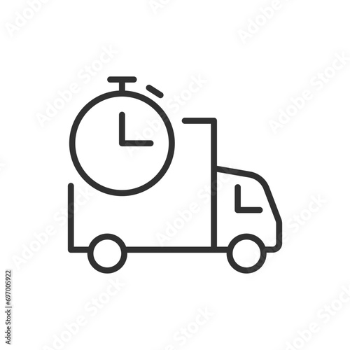 Speed of trucking, linear icon. Stopwatch and lorry. Line with editable stroke