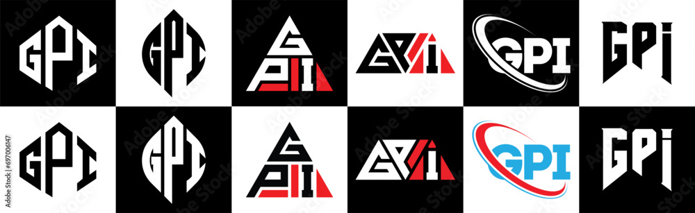 GPI letter logo design in six style. GPI polygon, circle, triangle, hexagon, flat and simple style with black and white color variation letter logo set in one artboard. GPI minimalist and classic logo