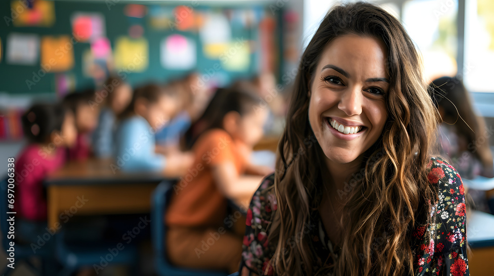 Portrait of smiling teacher in a class at elementary school looking at camera with learning students on background Portrait of smiling teacher in a class at elementary school looking at camera with learning students on background