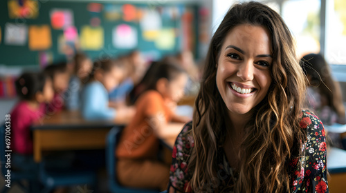 Portrait of smiling teacher in a class at elementary school looking at camera with learning students on background