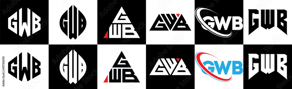 GWB letter logo design in six style. GWB polygon, circle, triangle, hexagon, flat and simple style with black and white color variation letter logo set in one artboard. GWB minimalist and classic logo