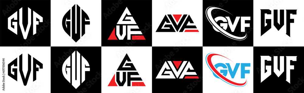 GVF letter logo design in six style. GVF polygon, circle, triangle, hexagon, flat and simple style with black and white color variation letter logo set in one artboard. GVF minimalist and classic logo GVF letter logo design in six style. GVF polygon, circle, triangle, hexagon, flat and simple style with black and white color variation letter logo set in one artboard. GVF minimalist and classic logo