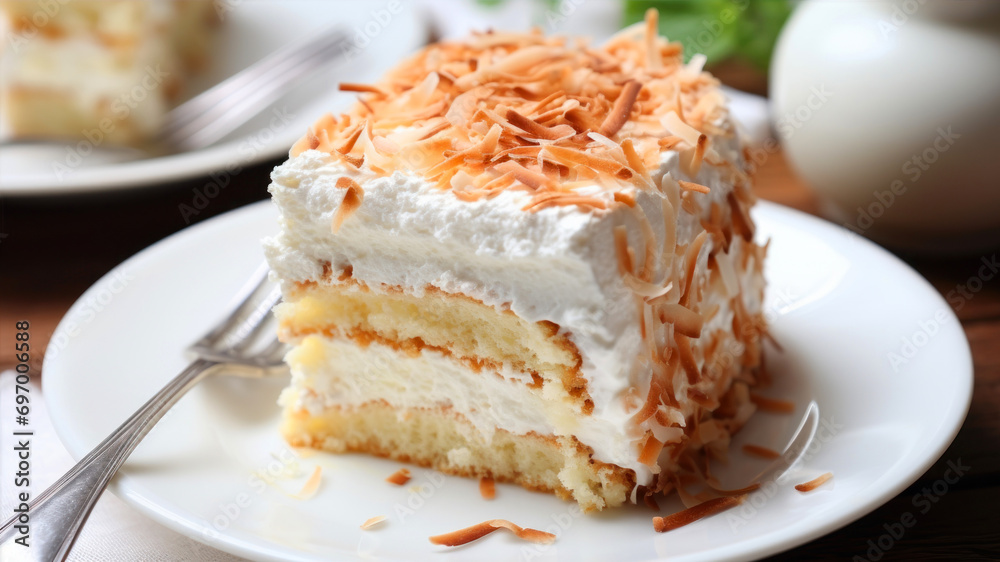 Piece of delicious cake with whipped cream on plate, closeup