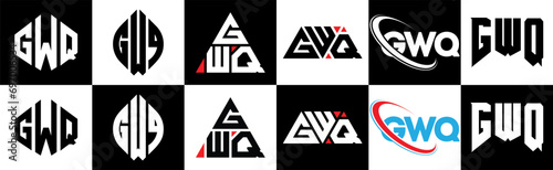 GWQ letter logo design in six style. GWQ polygon, circle, triangle, hexagon, flat and simple style with black and white color variation letter logo set in one artboard. GWQ minimalist and classic logo photo