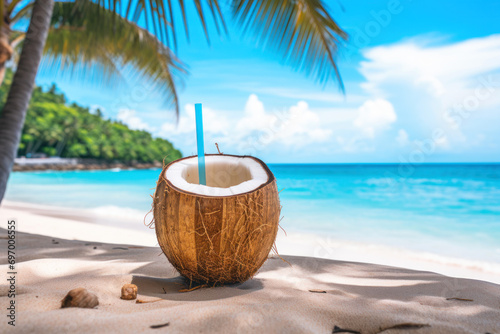 Coconut with straw on tropical beach. Vacation concept.