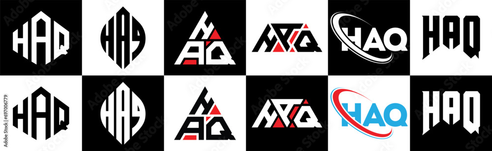 HAQ letter logo design in six style. HAQ polygon, circle, triangle, hexagon, flat and simple style with black and white color variation letter logo set in one artboard. HAQ minimalist and classic logo HAQ letter logo design in six style. HAQ polygon, circle, triangle, hexagon, flat and simple style with black and white color variation letter logo set in one artboard. HAQ minimalist and classic logo