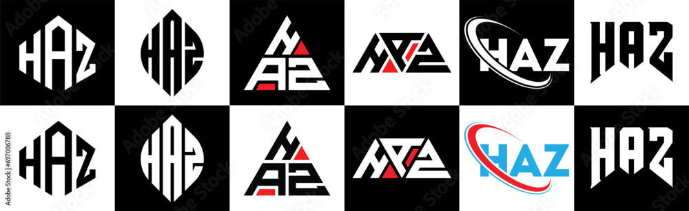 HAZ letter logo design in six style. HAZ polygon, circle, triangle, hexagon, flat and simple style with black and white color variation letter logo set in one artboard. HAZ minimalist and classic logo HAZ letter logo design in six style. HAZ polygon, circle, triangle, hexagon, flat and simple style with black and white color variation letter logo set in one artboard. HAZ minimalist and classic logo