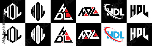 HDL letter logo design in six style. HDL polygon, circle, triangle, hexagon, flat and simple style with black and white color variation letter logo set in one artboard. HDL minimalist and classic logo
