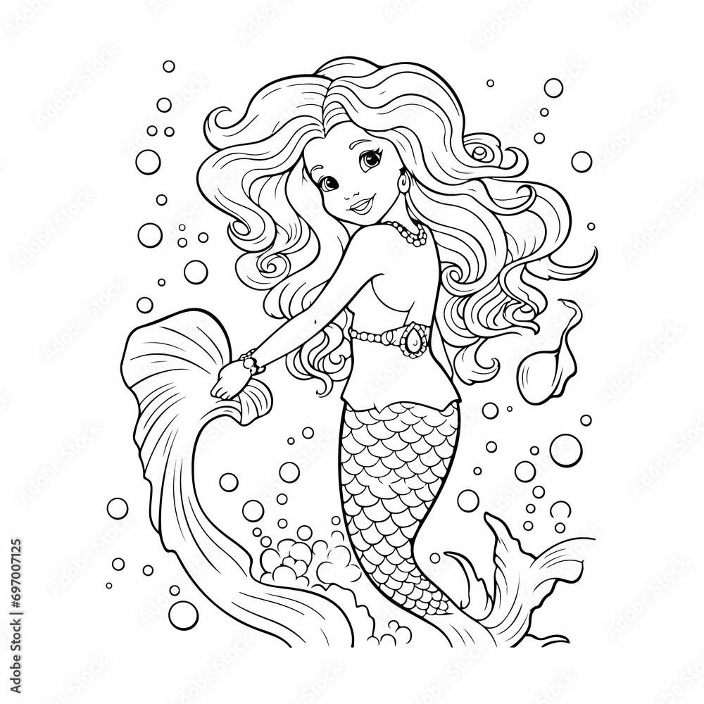 happy mermaid cute outline coloring page illustration happy mermaid cute outline coloring page illustration