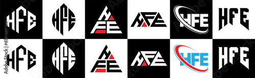 HFE letter logo design in six style. HFE polygon, circle, triangle, hexagon, flat and simple style with black and white color variation letter logo set in one artboard. HFE minimalist and classic logo photo