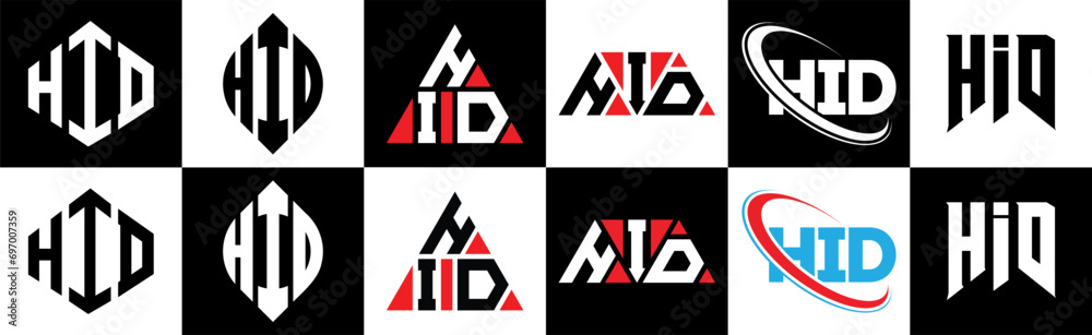 HID letter logo design in six style. HID polygon, circle, triangle, hexagon, flat and simple style with black and white color variation letter logo set in one artboard. HID minimalist and classic logo HID letter logo design in six style. HID polygon, circle, triangle, hexagon, flat and simple style with black and white color variation letter logo set in one artboard. HID minimalist and classic logo