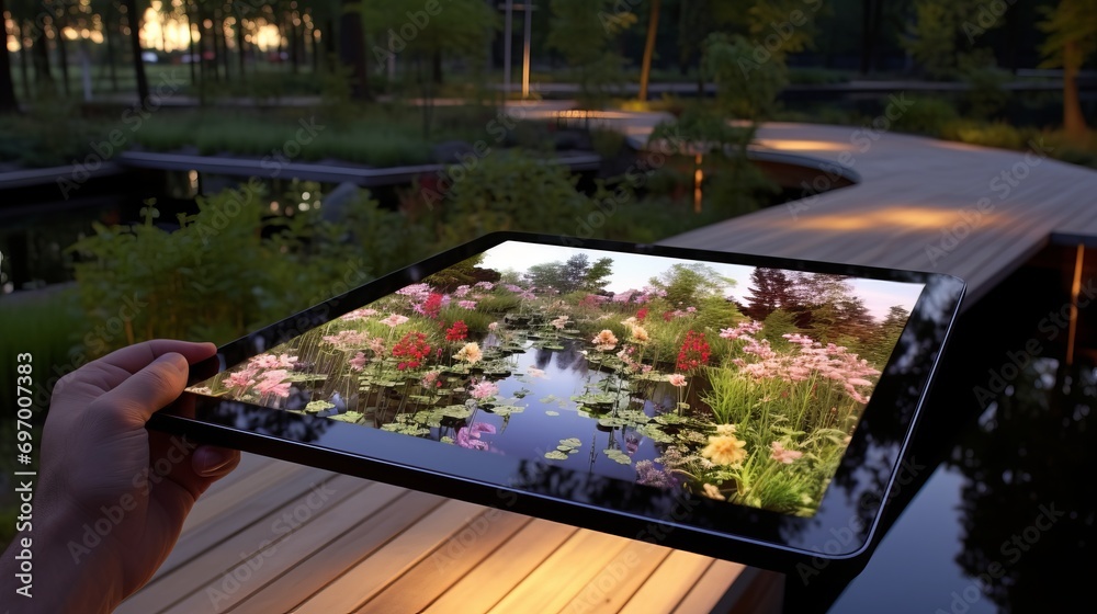 Tablet computer with a project for landscaping a park area and a park in the evening.
